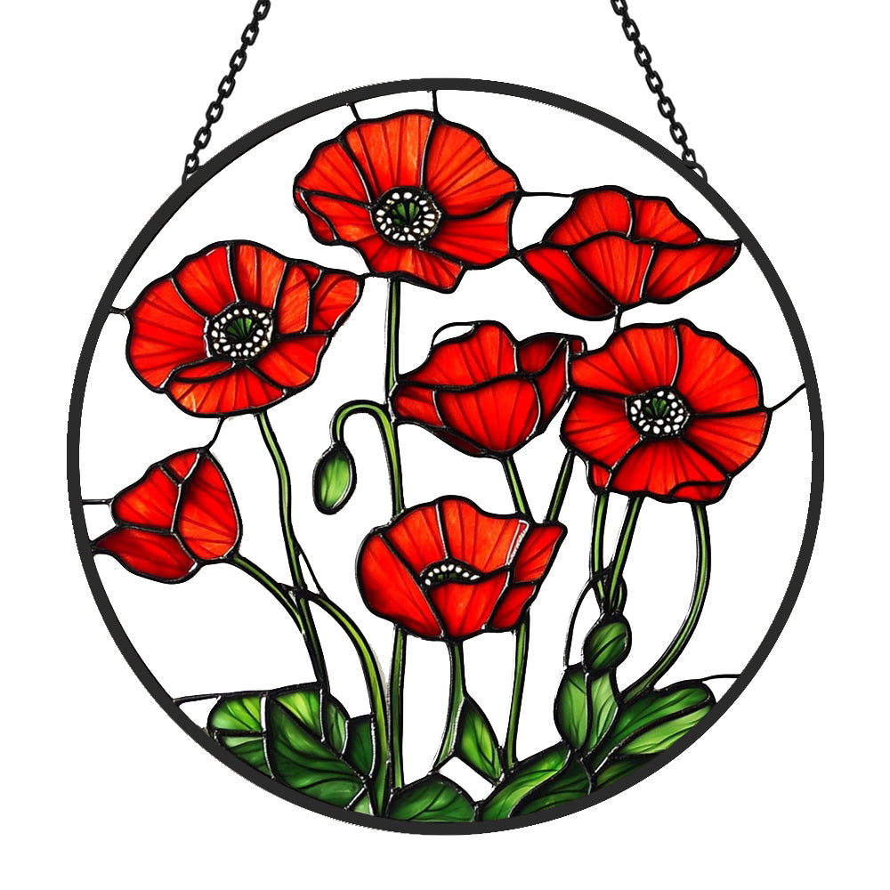 Red poppies stained glass suncatcher window hanging, suitable for home and garden decoration