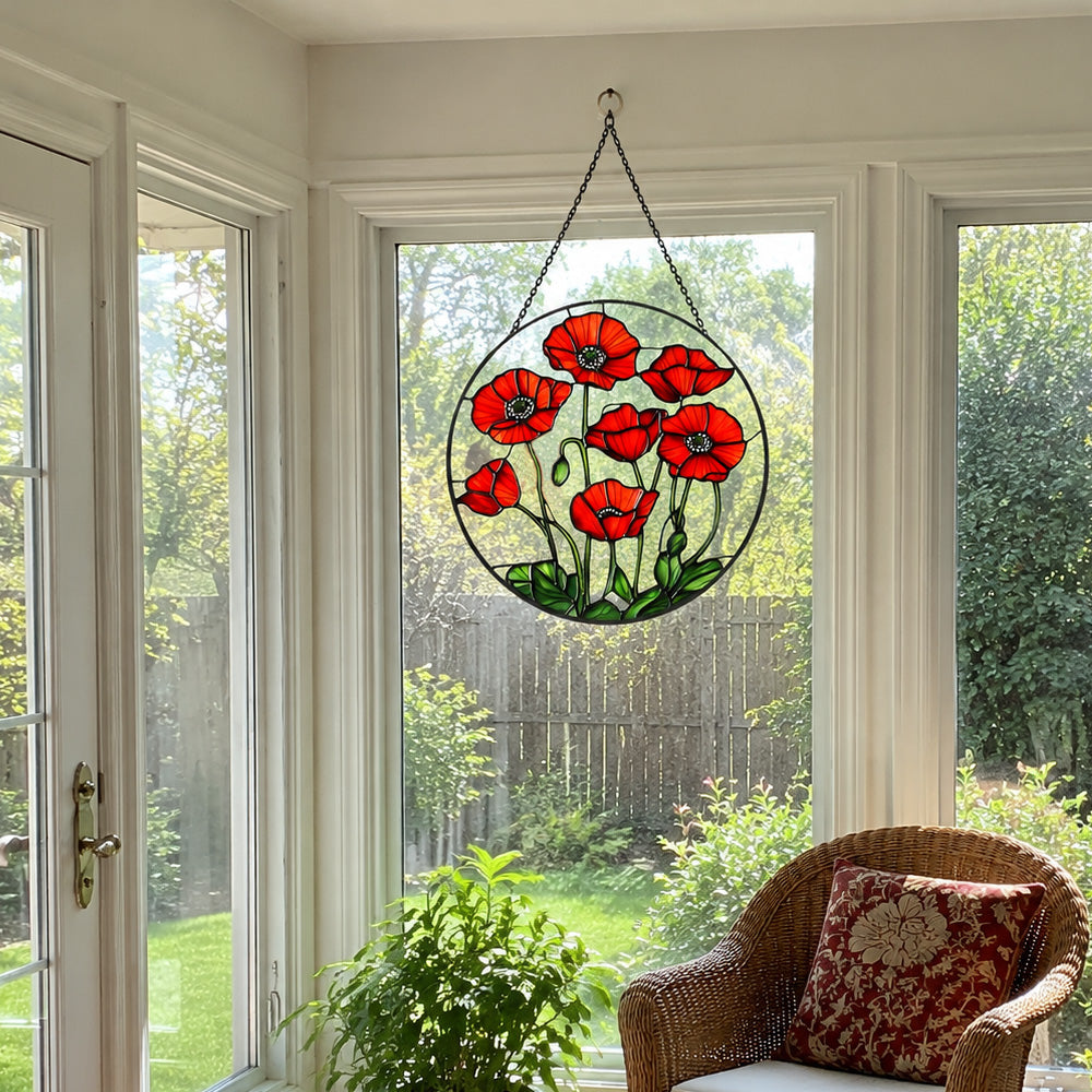 Red poppies stained glass suncatcher window hanging, suitable for home and garden decoration
