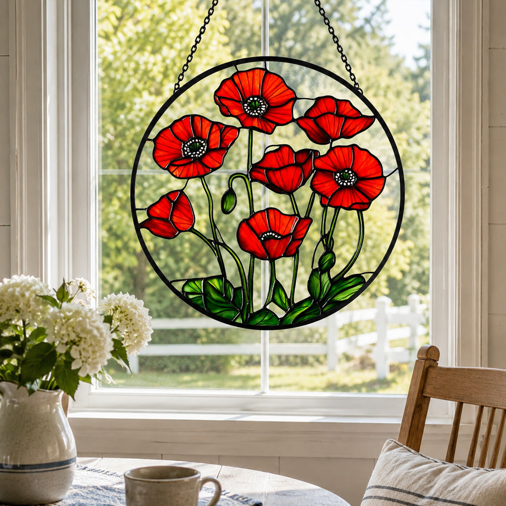 Red poppies stained glass suncatcher window hanging, suitable for home and garden decoration
