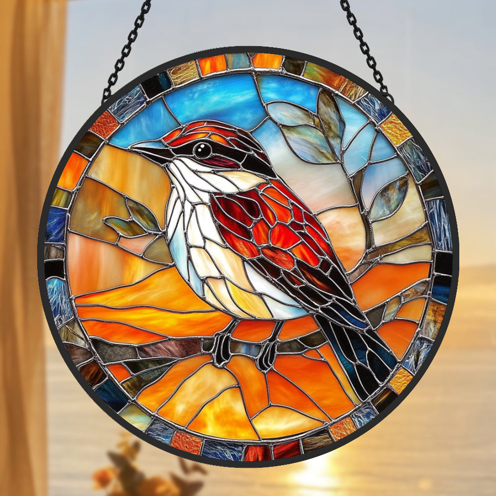 Red songbird stained glass suncatcher window hanging, suitable for home and garden decoration