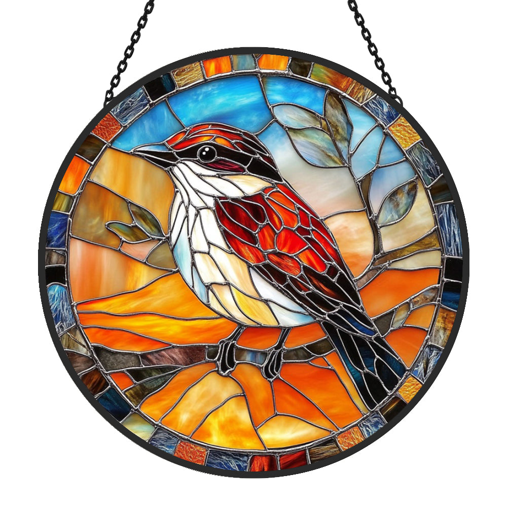 Red songbird stained glass suncatcher window hanging, suitable for home and garden decoration