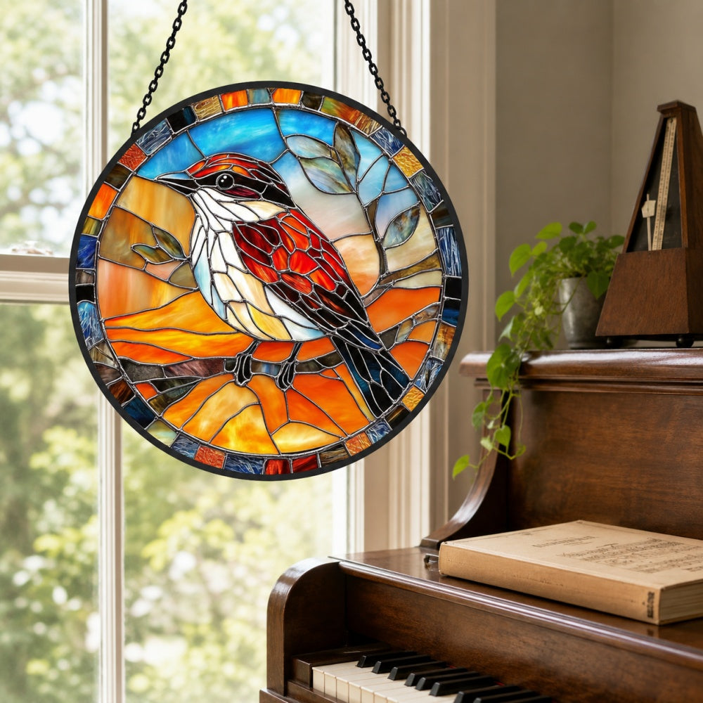 Red songbird stained glass suncatcher window hanging, suitable for home and garden decoration
