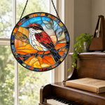 Red songbird stained glass suncatcher window hanging, suitable for home and garden decoration