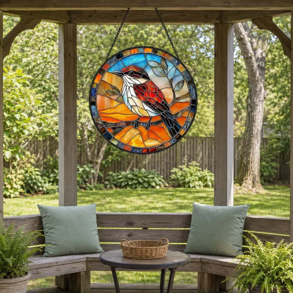 Red songbird stained glass suncatcher window hanging, suitable for home and garden decoration