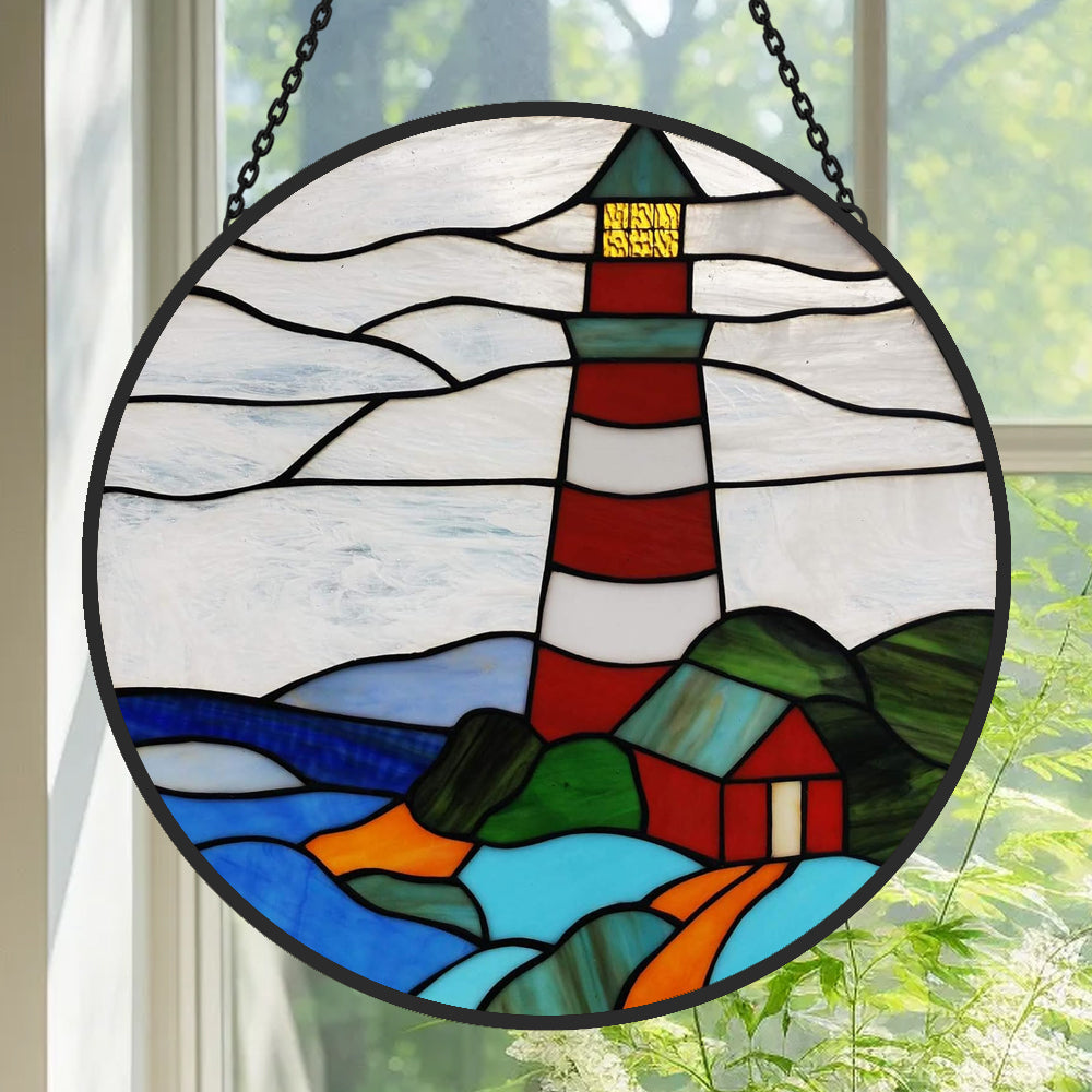 Red striped lighthouse stained glass suncatcher window hanging, suitable for home and garden decoration