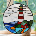 Red striped lighthouse stained glass suncatcher window hanging, suitable for home and garden decoration