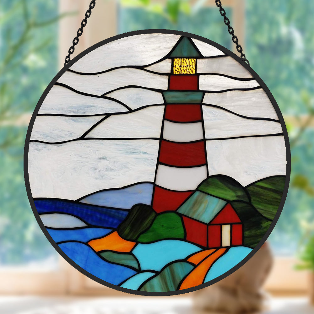 Red striped lighthouse stained glass suncatcher window hanging, suitable for home and garden decoration