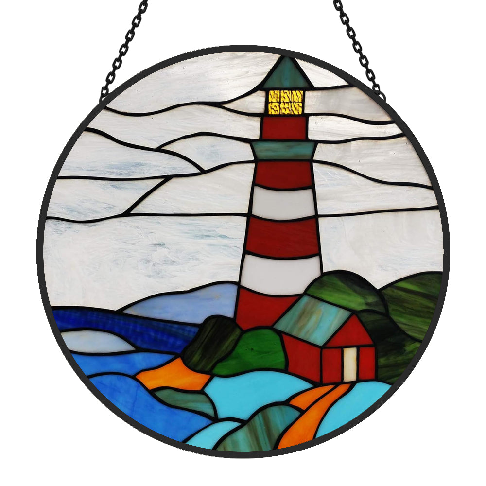 Red striped lighthouse stained glass suncatcher window hanging, suitable for home and garden decoration