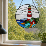 Red striped lighthouse stained glass suncatcher window hanging, suitable for home and garden decoration