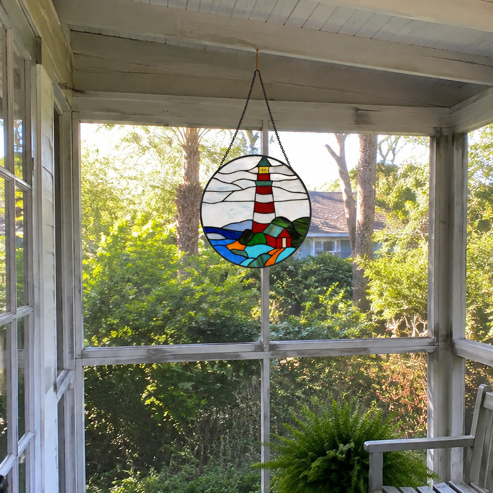 Red striped lighthouse stained glass suncatcher window hanging, suitable for home and garden decoration