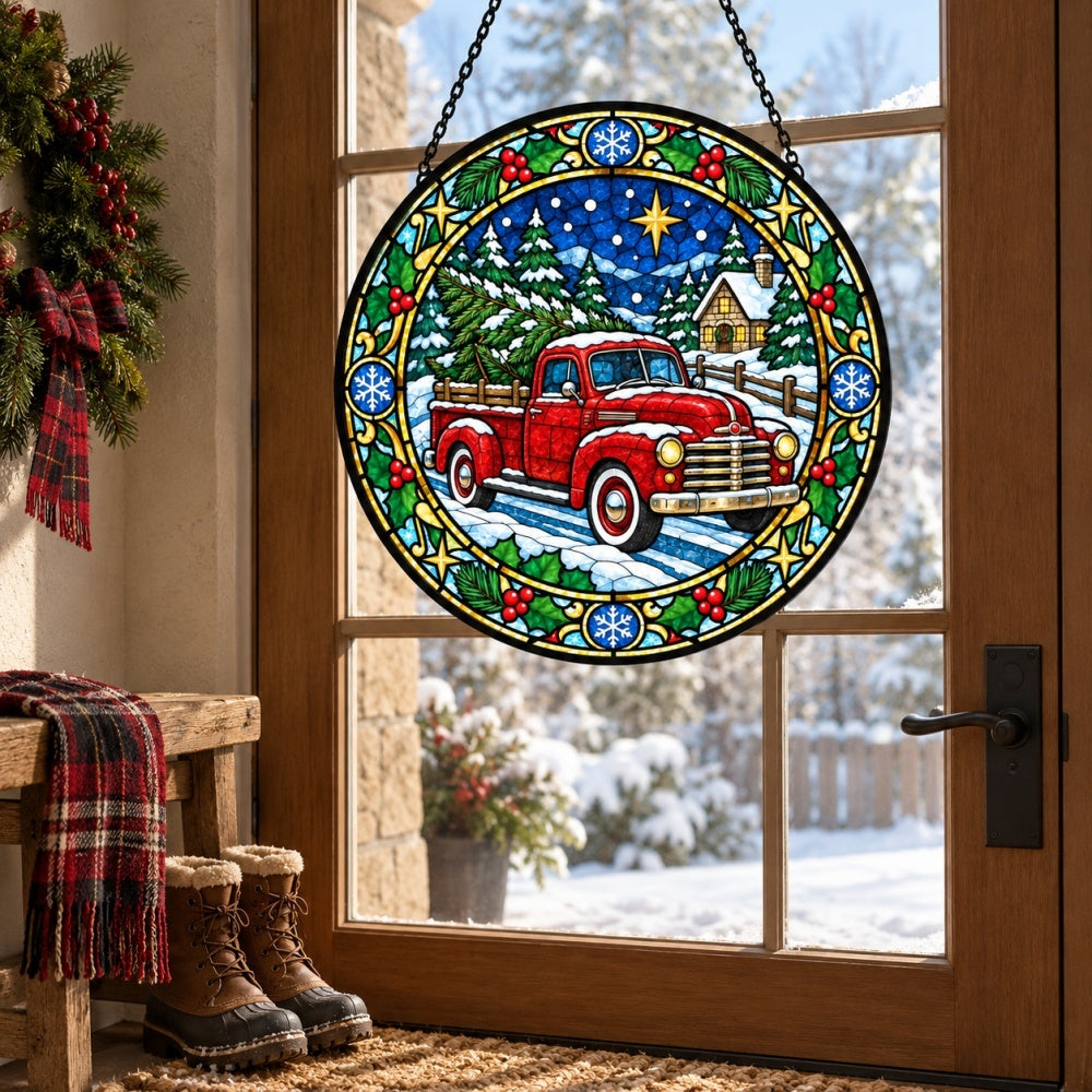 Red truck with christmas tree stained glass suncatcher window hanging, suitable for home and garden decoration