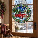 Red truck with christmas tree stained glass suncatcher window hanging, suitable for home and garden decoration