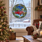 Red truck with christmas tree stained glass suncatcher window hanging, suitable for home and garden decoration