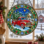 Red truck with christmas tree stained glass suncatcher window hanging, suitable for home and garden decoration