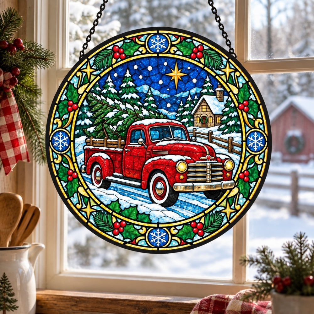 Red truck with christmas tree stained glass suncatcher window hanging, suitable for home and garden decoration