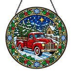 Red truck with christmas tree stained glass suncatcher window hanging, suitable for home and garden decoration