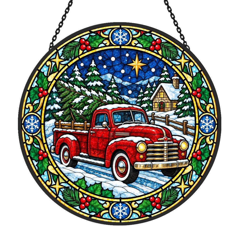 Red truck with christmas tree stained glass suncatcher window hanging, suitable for home and garden decoration
