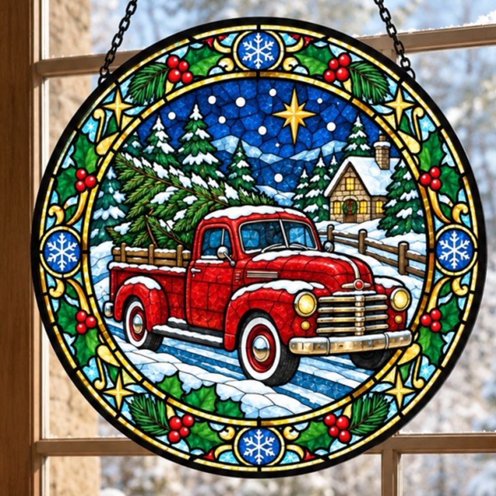 Red truck with christmas tree stained glass suncatcher window hanging, suitable for home and garden decoration