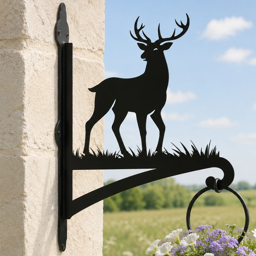 Reindeer metal hanging basket bracket mounted on outdoor wall for plant decoration