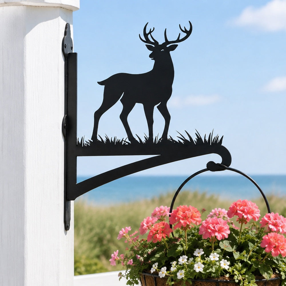 Reindeer metal hanging basket bracket mounted on outdoor wall for plant decoration