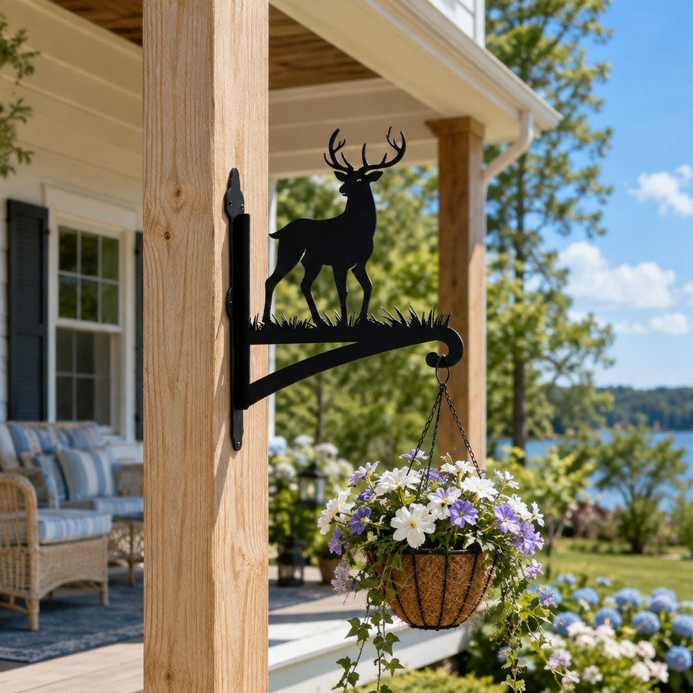 Reindeer metal hanging basket bracket mounted on outdoor wall for plant decoration