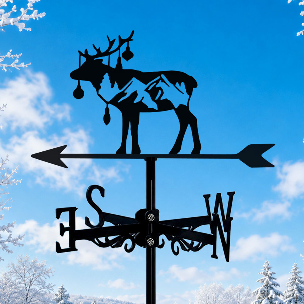 Reindeer with mountain trees metal weather vane with directional arrows and mounting rod, outdoor roof and garden decoration