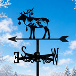 Reindeer with mountain trees metal weather vane with directional arrows and mounting rod, outdoor roof and garden decoration