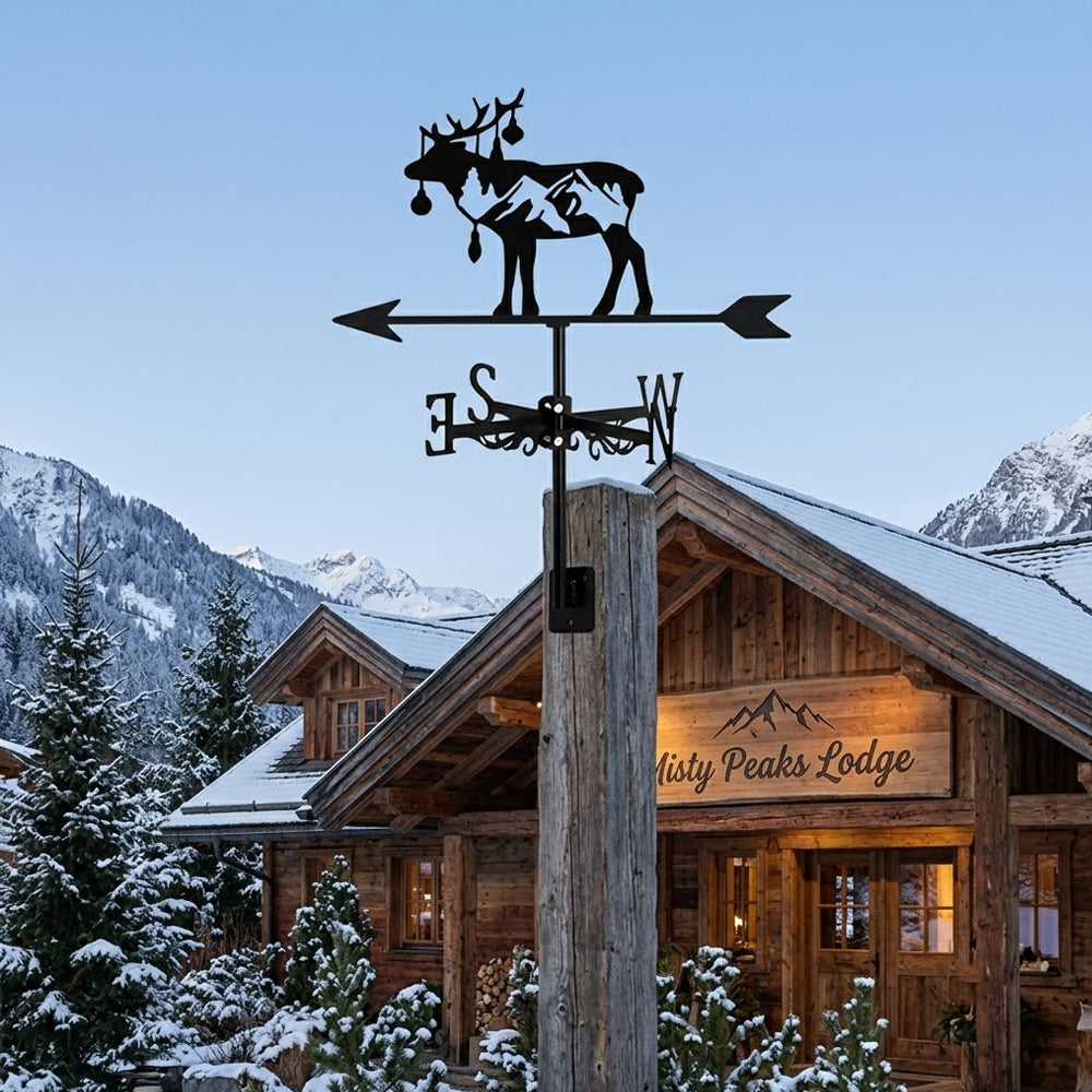 Reindeer with mountain trees metal weather vane with directional arrows and mounting rod, outdoor roof and garden decoration