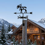 Reindeer with mountain trees metal weather vane with directional arrows and mounting rod, outdoor roof and garden decoration