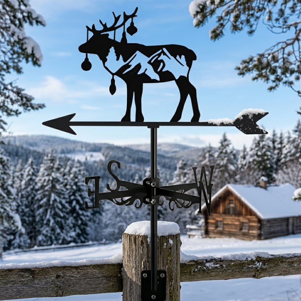Reindeer with mountain trees metal weather vane with directional arrows and mounting rod, outdoor roof and garden decoration