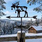 Reindeer with mountain trees metal weather vane with directional arrows and mounting rod, outdoor roof and garden decoration
