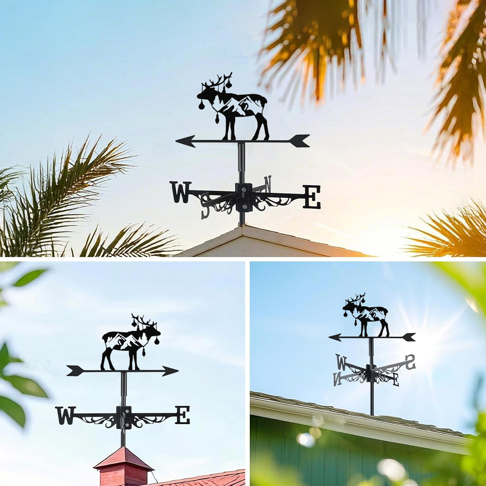 Reindeer with mountain trees metal weather vane with directional arrows and mounting rod, outdoor roof and garden decoration
