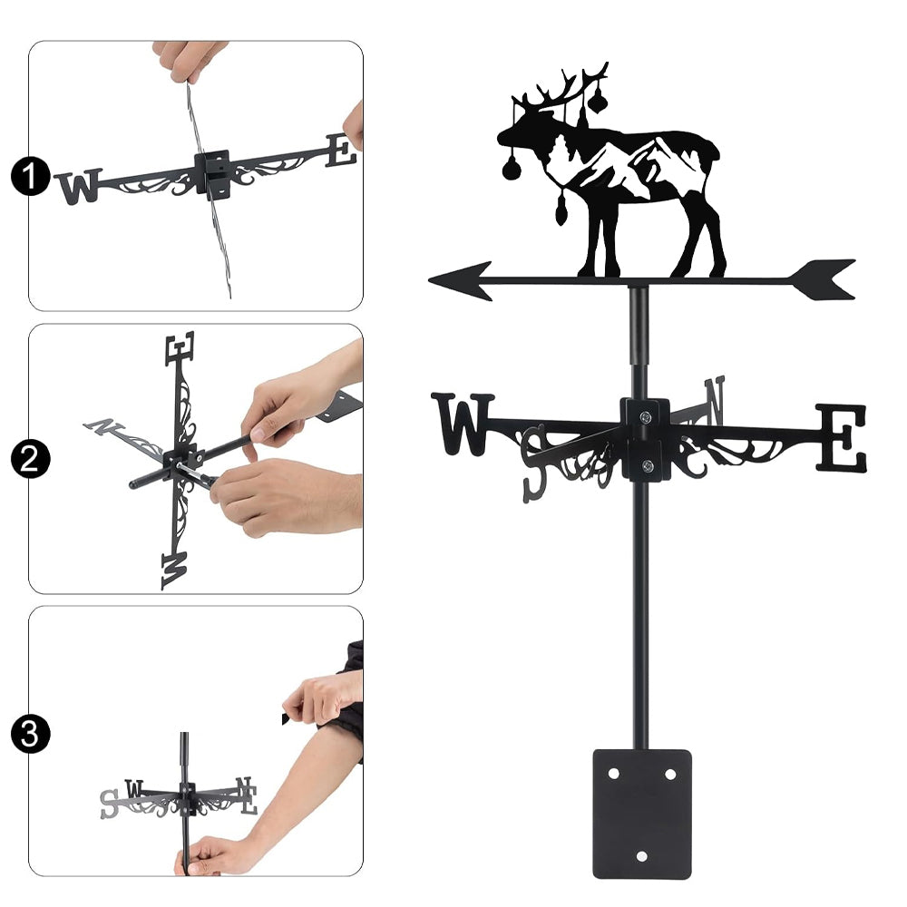 Reindeer with mountain trees metal weather vane with directional arrows and mounting rod, outdoor roof and garden decoration
