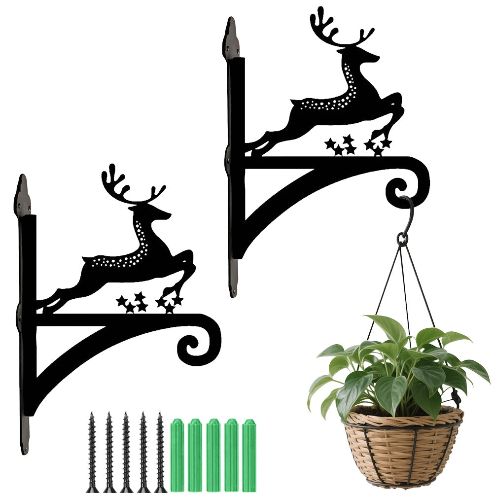 Reindeer with stars metal hanging basket bracket mounted on outdoor wall for plant decoration