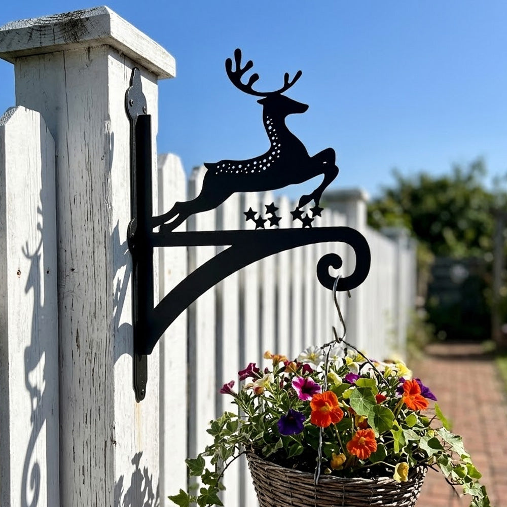 Reindeer with stars metal hanging basket bracket mounted on outdoor wall for plant decoration