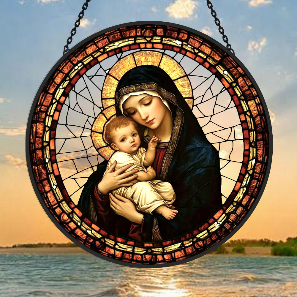 Religious madonna and child virgin mary stained glass suncatcher window hanging, suitable for home and garden decoration