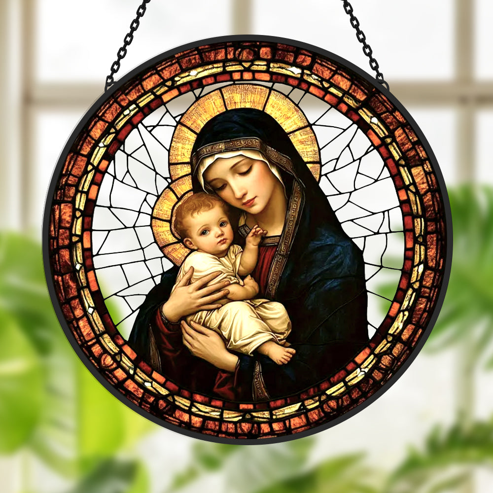 Religious madonna and child virgin mary stained glass suncatcher window hanging, suitable for home and garden decoration