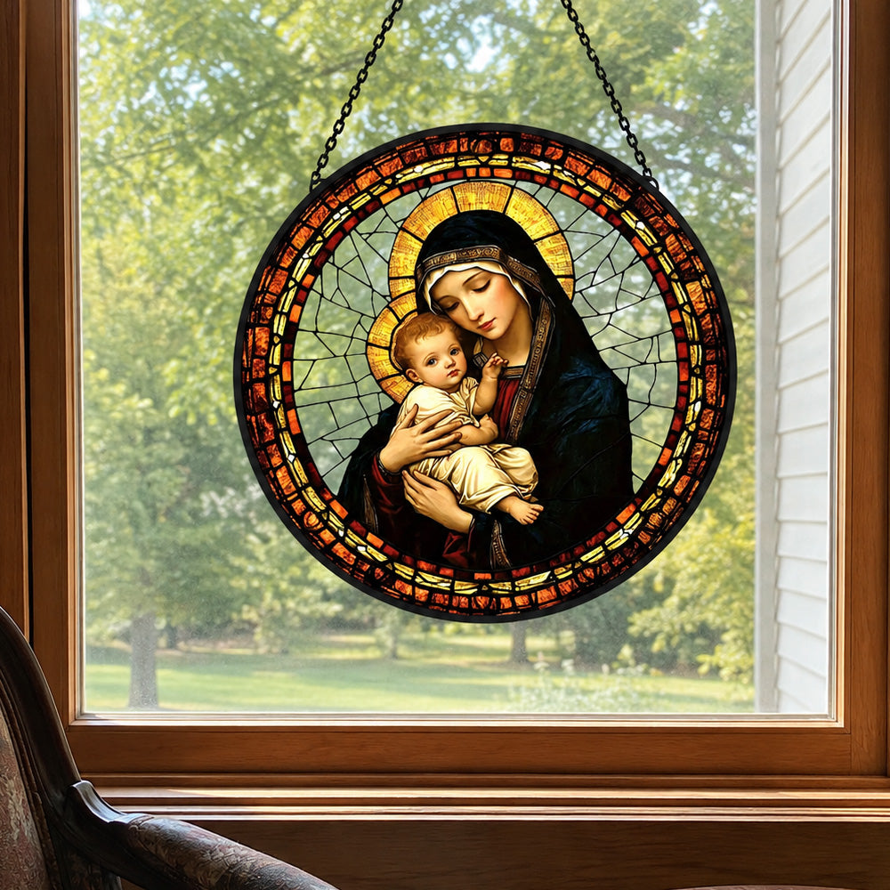 Religious madonna and child virgin mary stained glass suncatcher window hanging, suitable for home and garden decoration