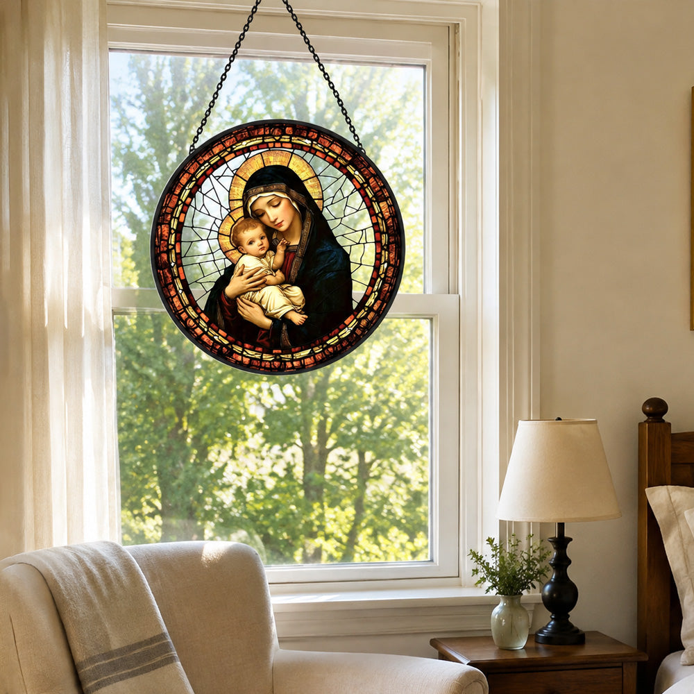 Religious madonna and child virgin mary stained glass suncatcher window hanging, suitable for home and garden decoration