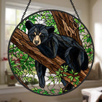 Resting woodland bear stained glass suncatcher window hanging, suitable for home and garden decoration