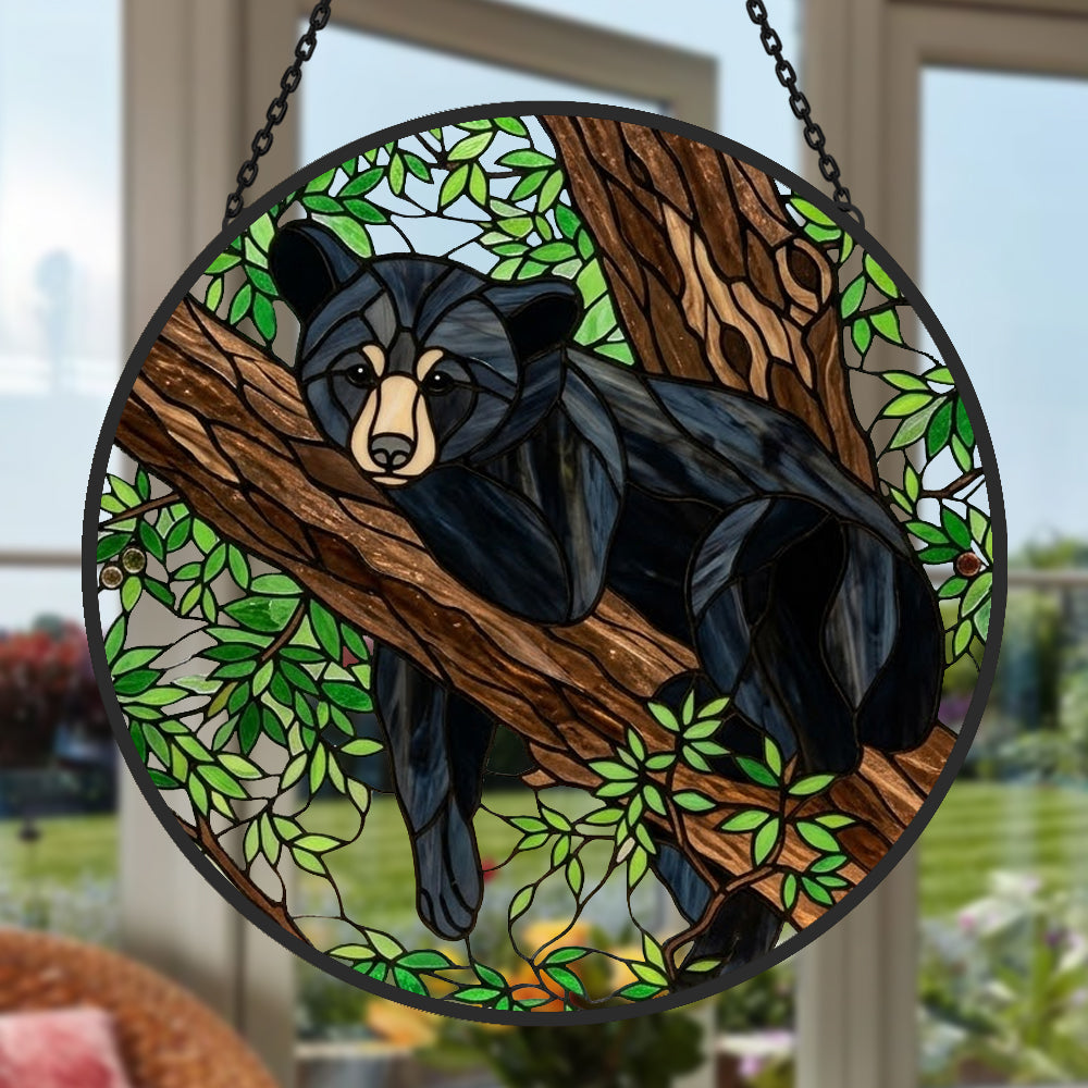 Resting woodland bear stained glass suncatcher window hanging, suitable for home and garden decoration