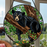 Resting woodland bear stained glass suncatcher window hanging, suitable for home and garden decoration