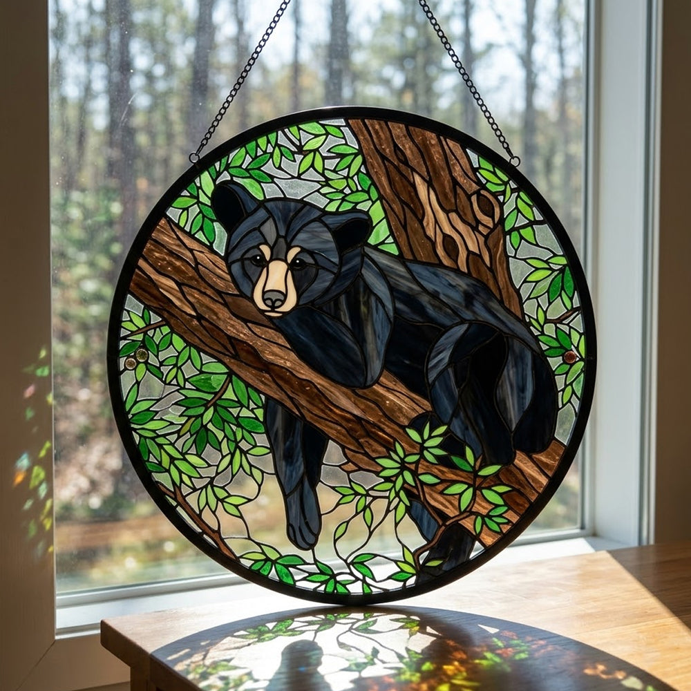 Resting woodland bear stained glass suncatcher window hanging, suitable for home and garden decoration