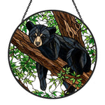 Resting woodland bear stained glass suncatcher window hanging, suitable for home and garden decoration