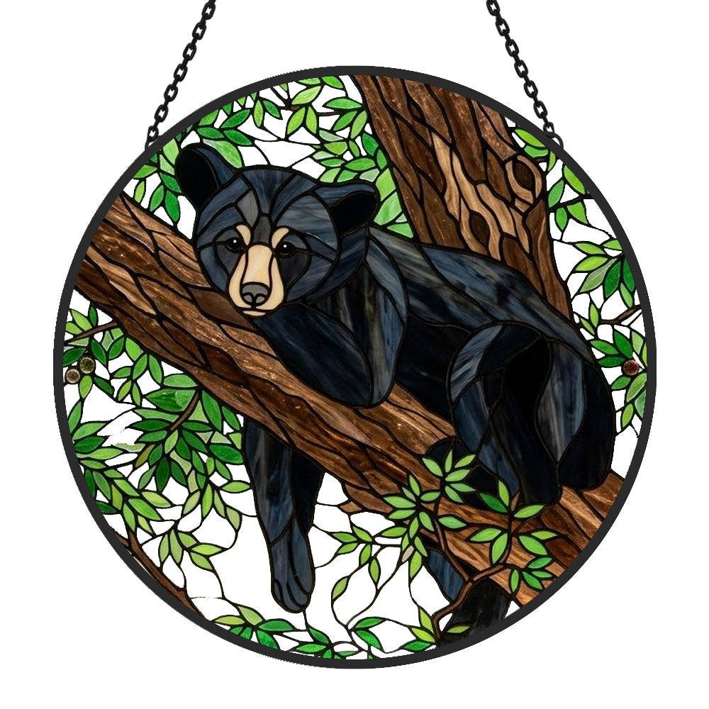 Resting woodland bear stained glass suncatcher window hanging, suitable for home and garden decoration