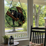 Resting woodland bear stained glass suncatcher window hanging, suitable for home and garden decoration
