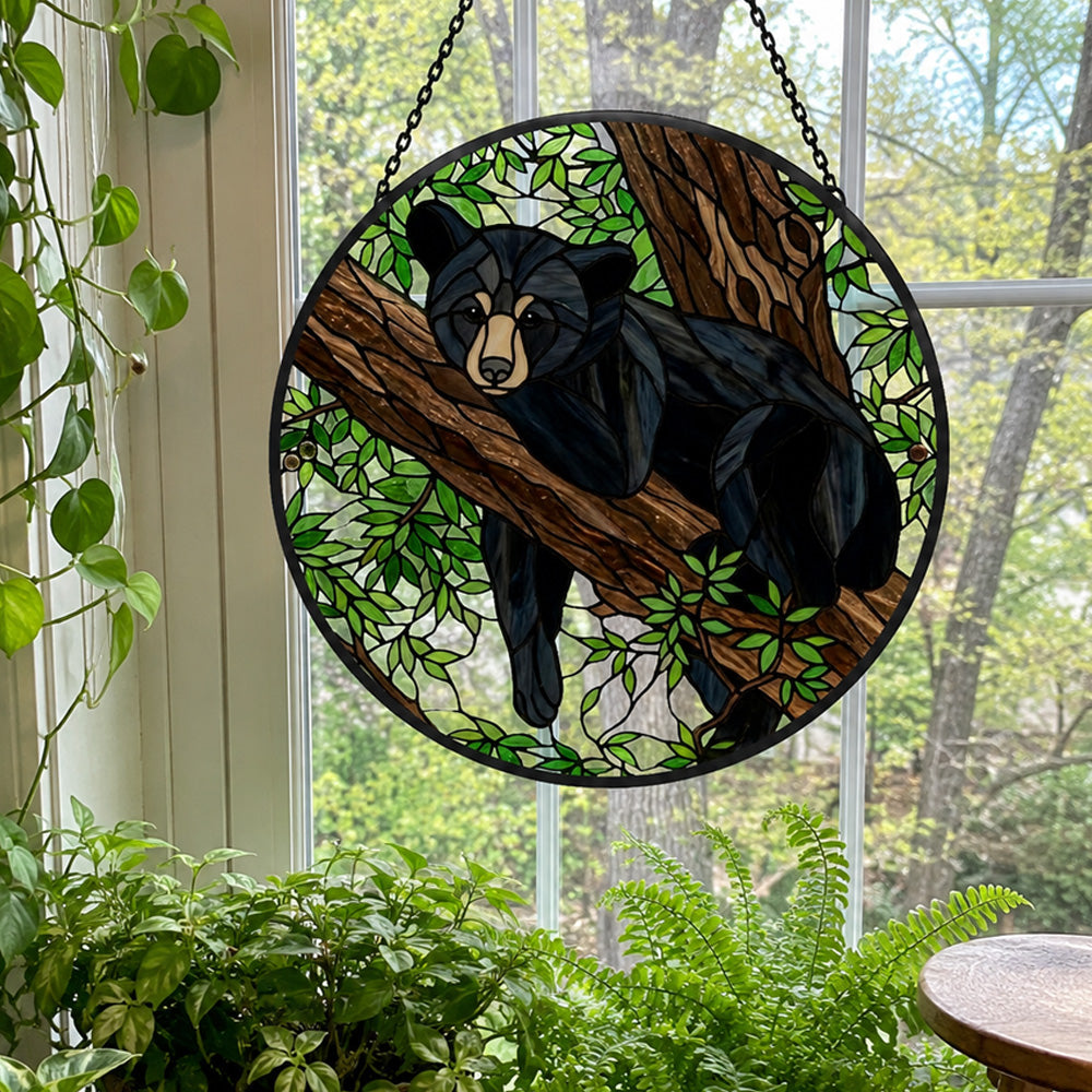 Resting woodland bear stained glass suncatcher window hanging, suitable for home and garden decoration
