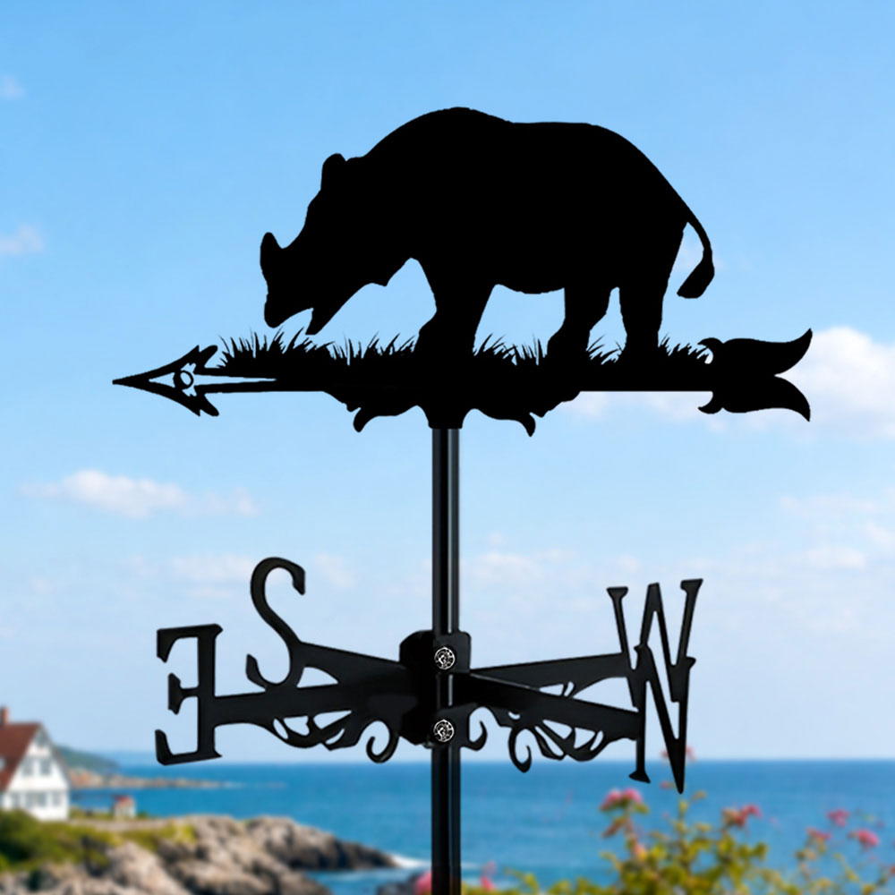 Rhino metal weather vane with directional arrows and mounting rod, outdoor roof and garden decoration
