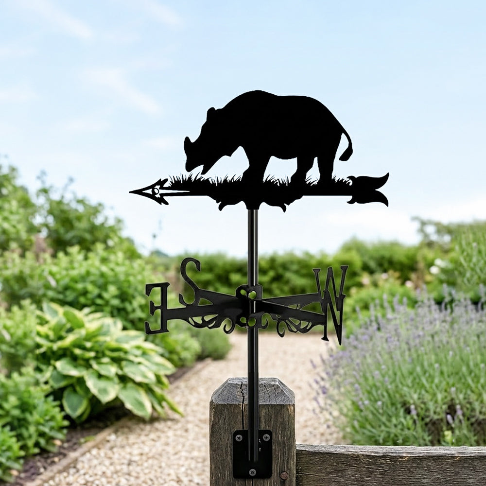 Rhino metal weather vane with directional arrows and mounting rod, outdoor roof and garden decoration