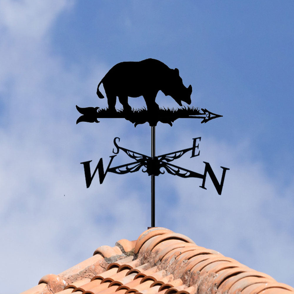 Rhino metal weather vane with directional arrows and mounting rod, outdoor roof and garden decoration